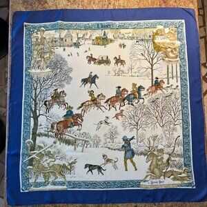 Vintage Hermes "L' Hiver" Silk Scarf with Blue Border Winter Snow